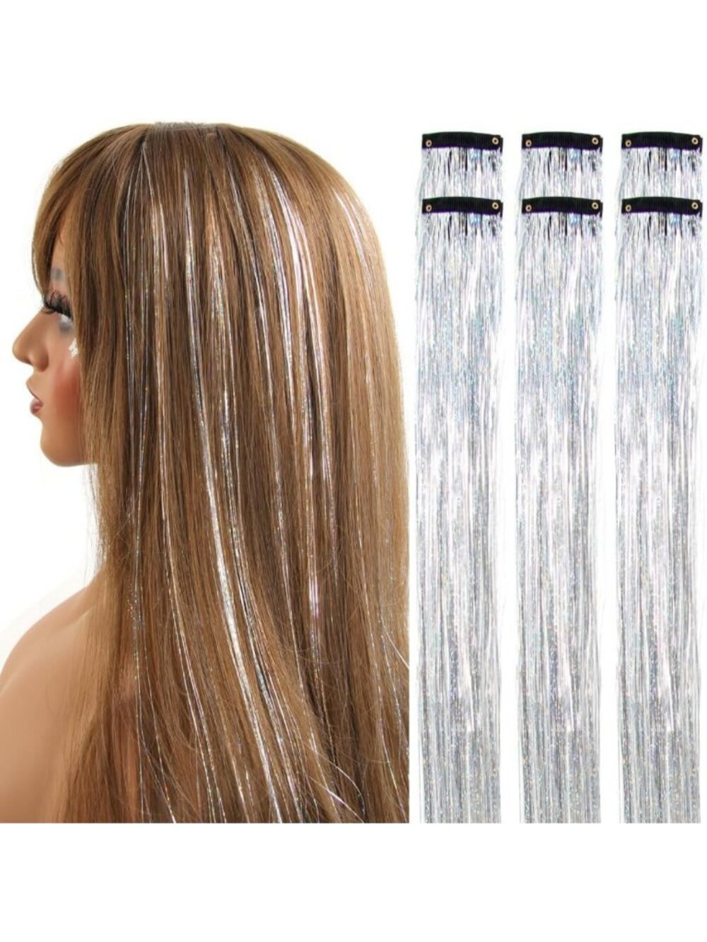Sparkling Silver Hair Tinsel Clips - 480 Strands, 6 Pcs, Glam Hair Accessories